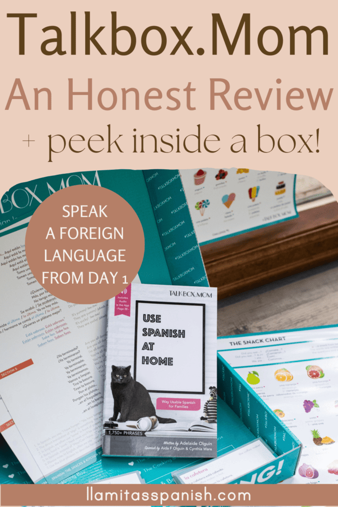 Spanish phrase book and talkbox.mom materials for the snack box
