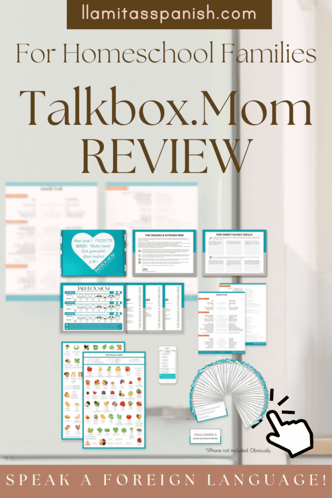 contents of the talkbox.mom snack box including vocab charts and vocabulary cards