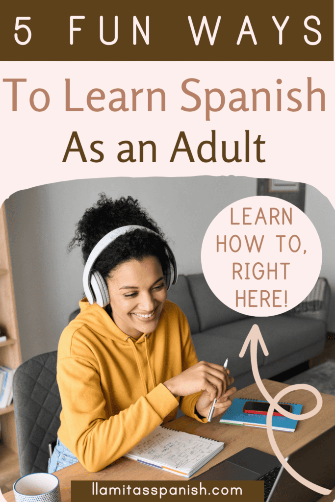 Woman learning Spanish with headphones