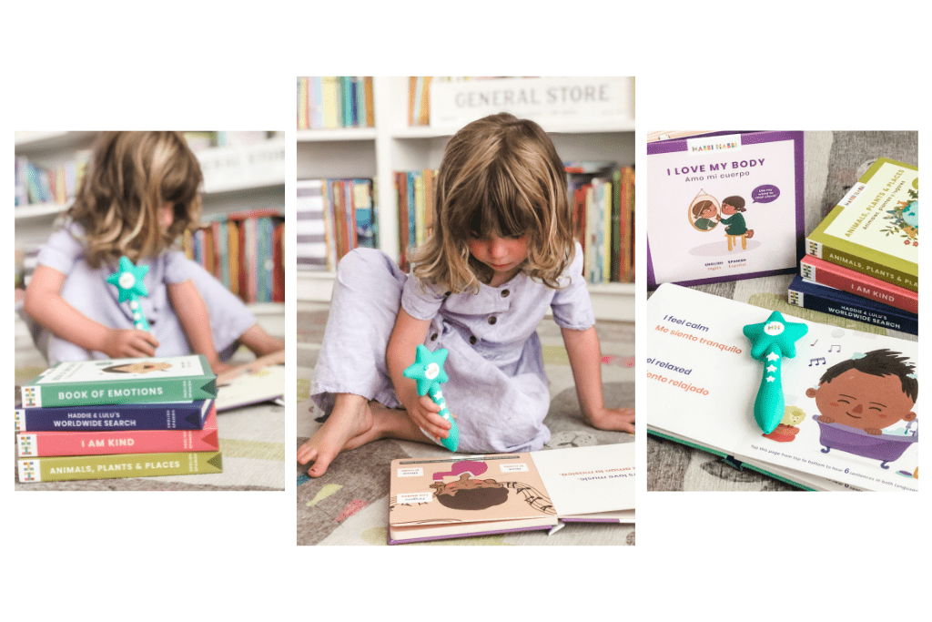 Young girl using the Habbi Habbi Bilingual Wand to tap the book and listen to Spanish vocabulary