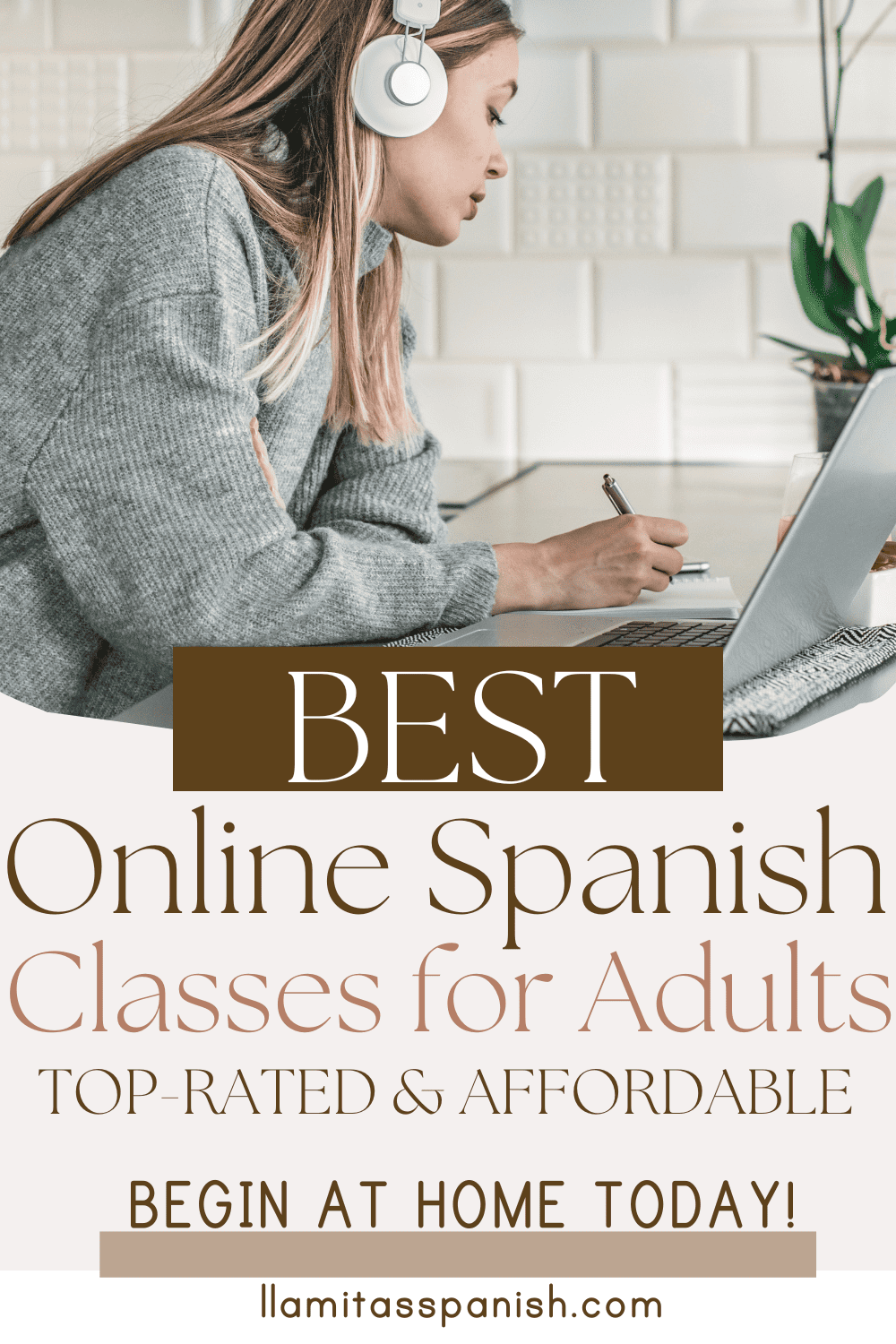 woman wearing headphones and learning Spanish on computer