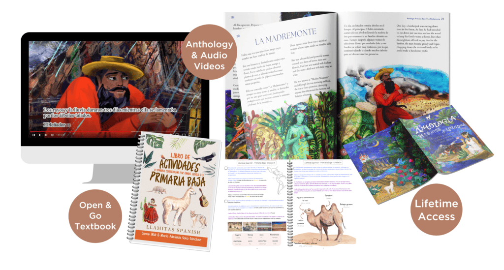 overview page of the Llamitas Spanish environment unit study with an anthology and coursebook
