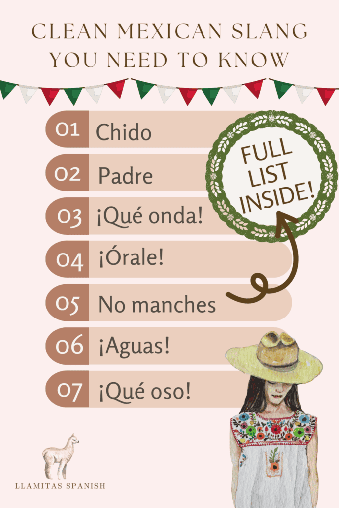 list of Mexican slang phrases with Mexican banner and woman with sombrero