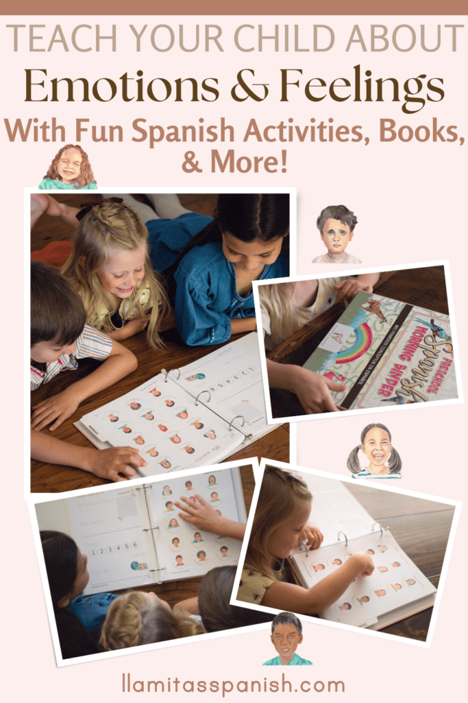 children completing activities about Spanish feelings and emotions, with pictures showing facial expressions