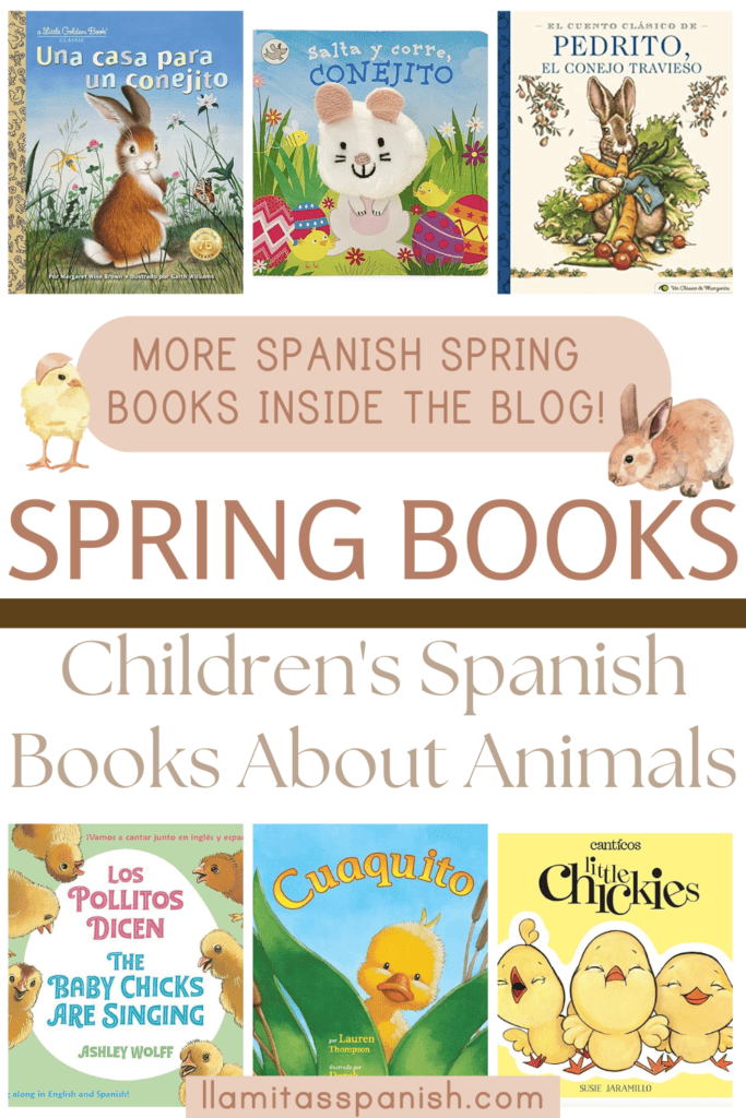 covers of Spanish children's books about spring and pictures of rabbits and chicks
