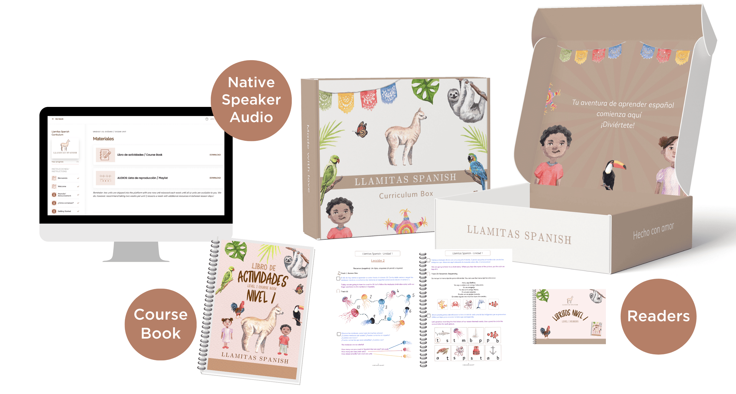 Llamitas Spanish curriculum box and textbook mockup
