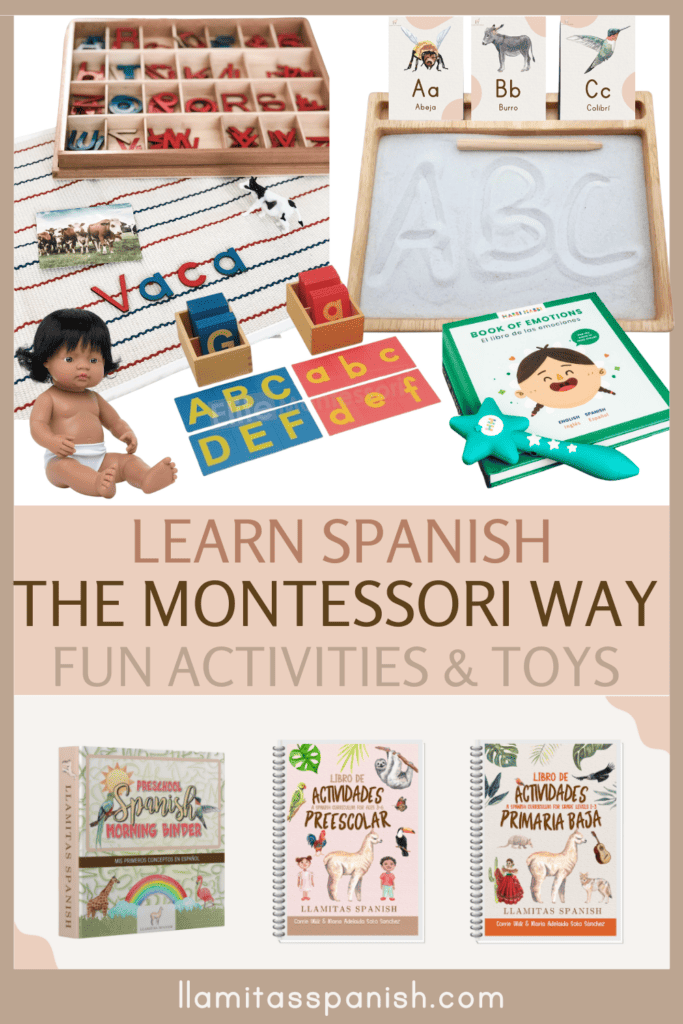 Montessori Spanish curriculum, sandpaper letters, flashcards and a doll