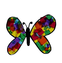 a butterfly craft with rainbow colored crepe paper pieces on its wings