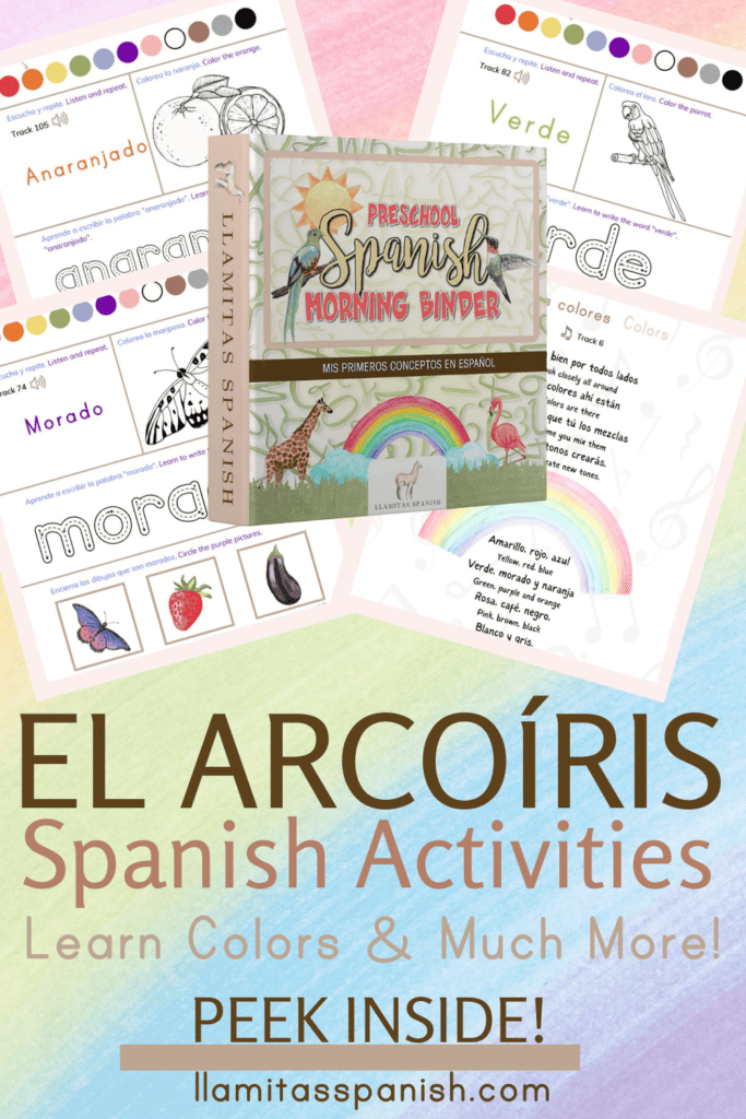 sample pages of Llamitas Spanish Preschool Morning Binder with colors of the rainbow