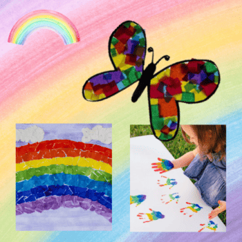 rainbow themed crafts for kids including a rainbow butterfly, crepe paper rainbow and rainbow handprints