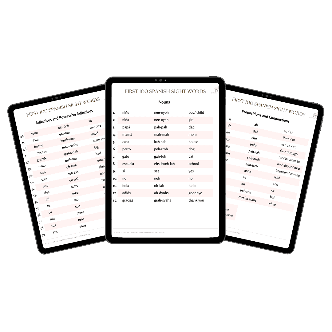 sample pages of Spanish sight words