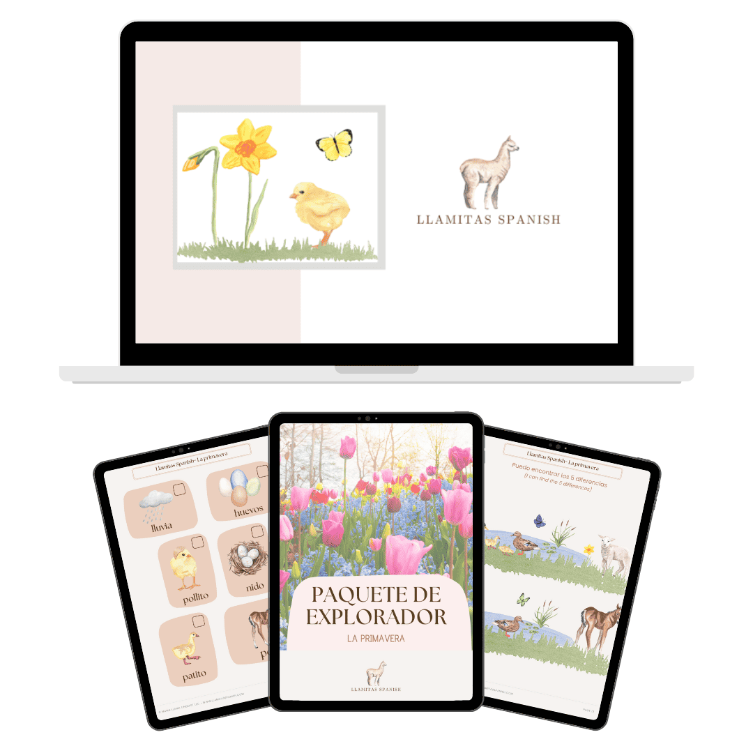 sample pages of spring themed printables in Spanish with flowers, baby animals and butterflies