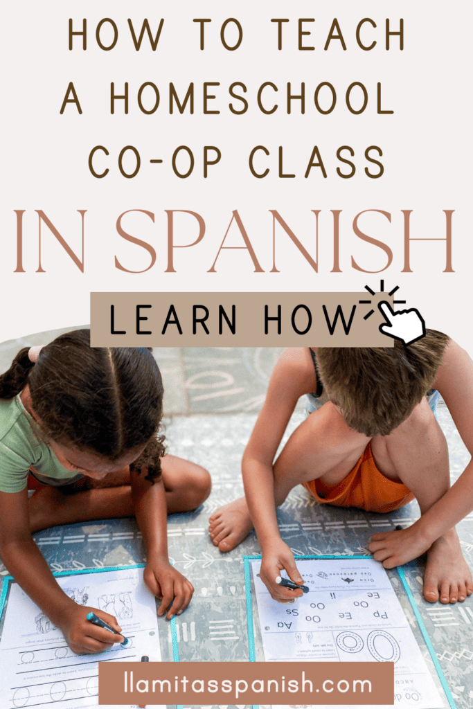 two children completing Spanish printables in a homeschool co-op