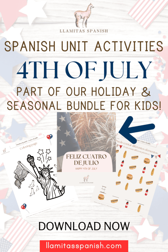 Spanish printables for kids showing statue of liberty, fireworks, and food