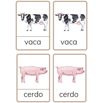 Montessori flashcards showing a cow and pig with the Spanish words vaca and cerdo