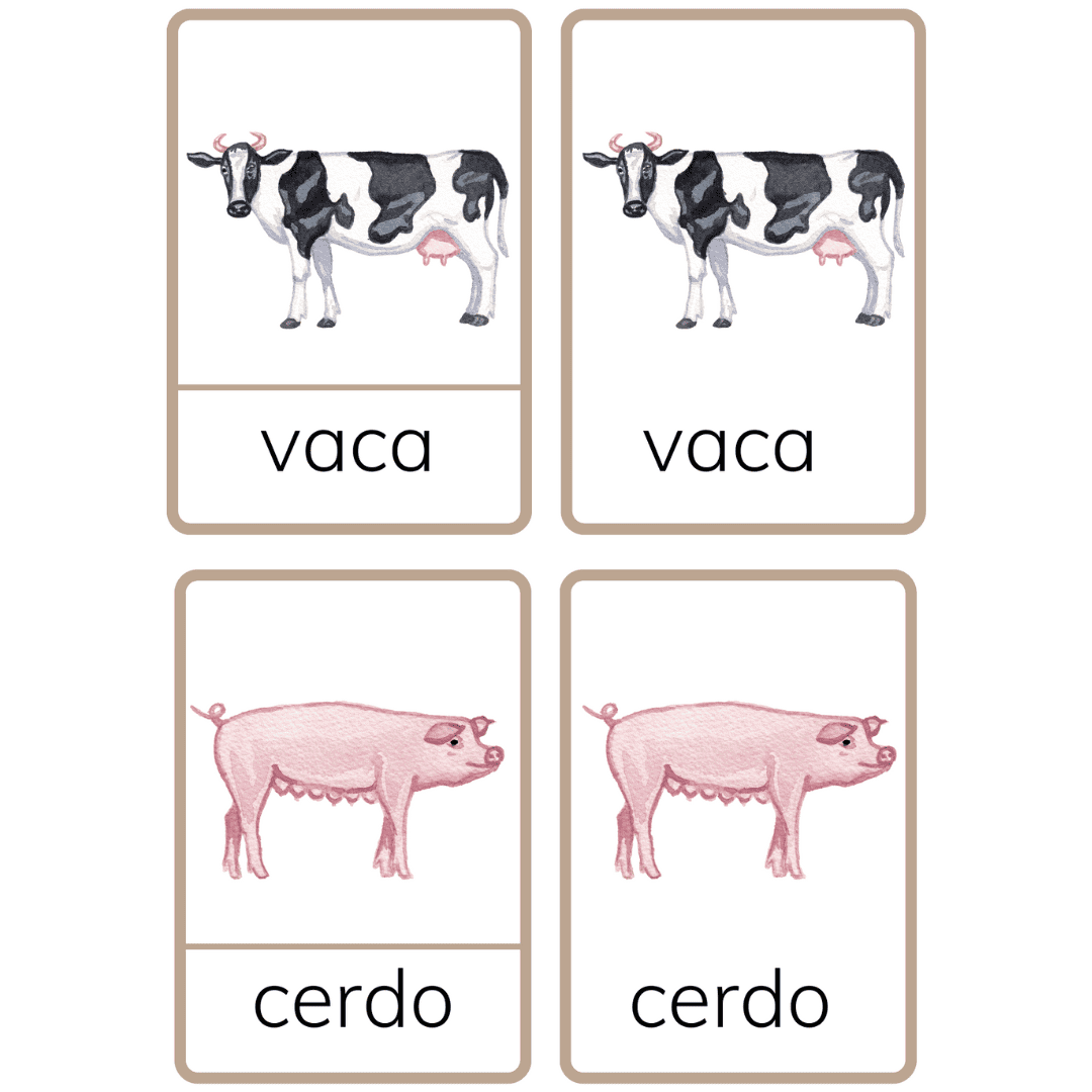Montessori flashcards showing a cow and pig with the Spanish words vaca and cerdo