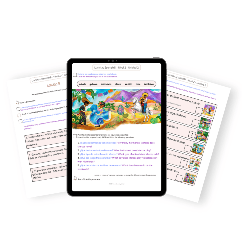 literacy sample pages from Llamitas Spanish level 2 curriculum