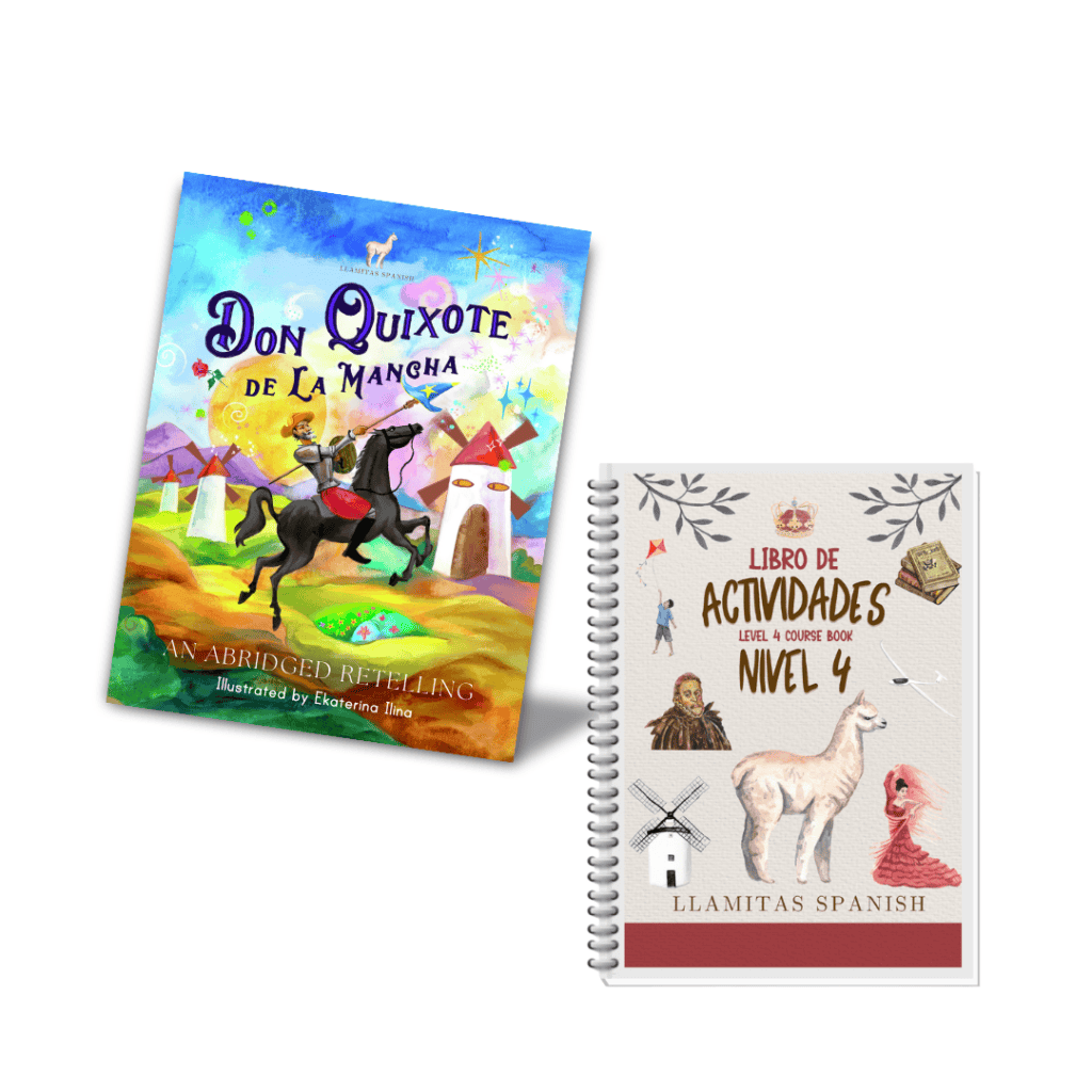 Don Quixote and level 4 textbook mockup