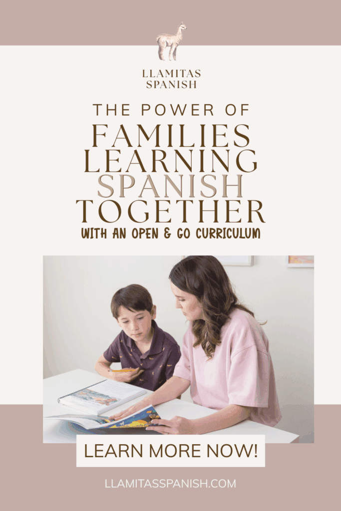 mom teaching her child Spanish with Llamitas Spanish textbook