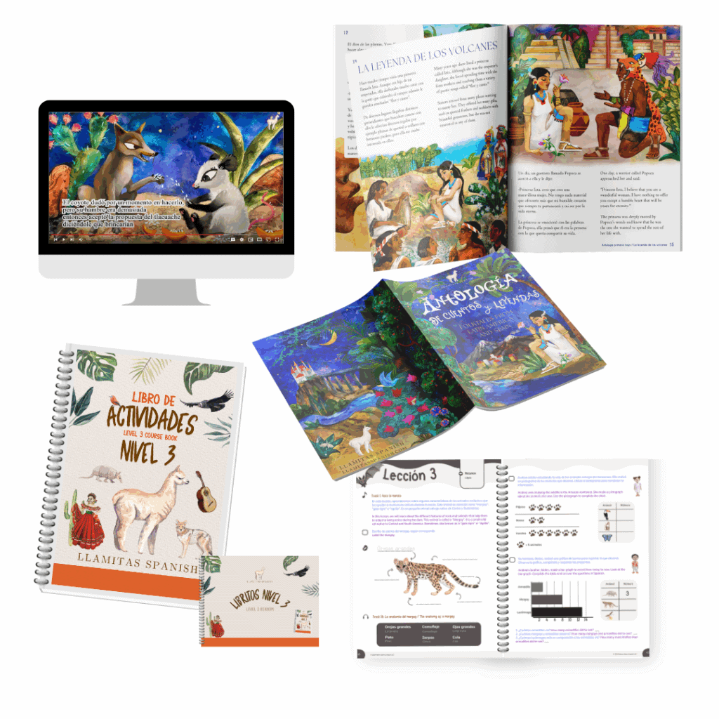 Level 3 Llamitas Spanish Curriculum mockup of textbooks
